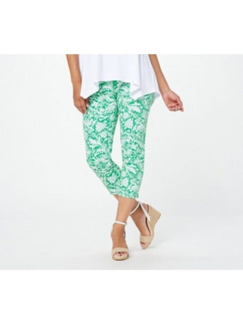 Women with Control Pants Denim XS Prime Stretch Crop Green White Floral A398581